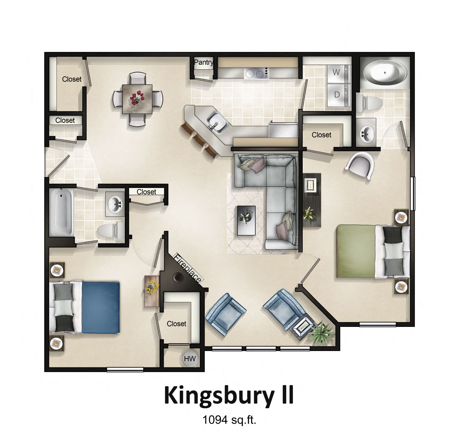Floor plan for 2 beds, 2 baths, 1094 sqft